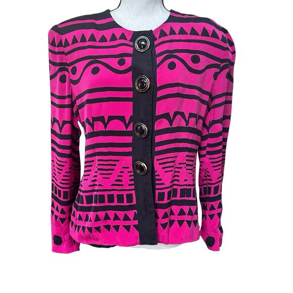 Vintage Rickie Freeman for Teri Jon Silk Blazer Jacket Magenta Black Geometric - Picture 1 of 6